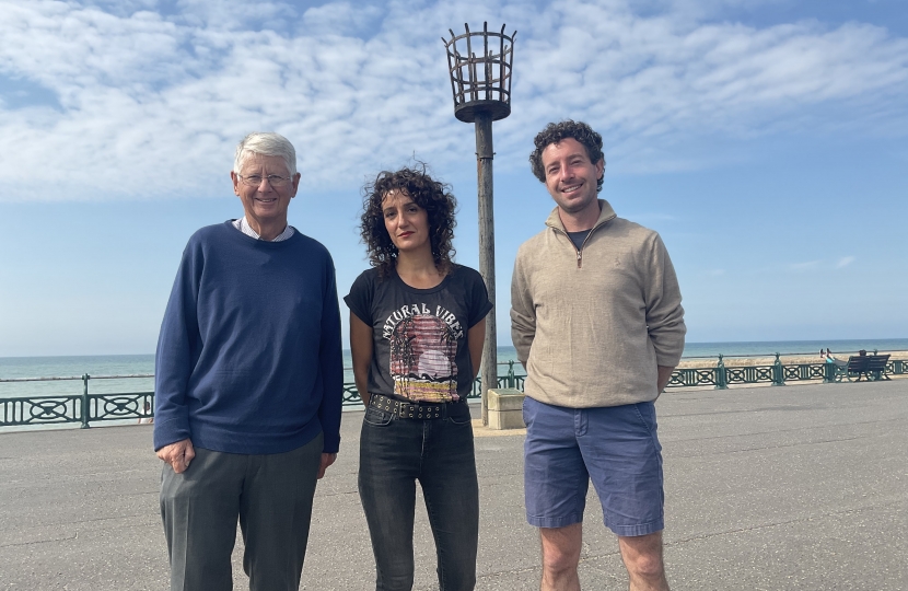 Wish Ward Councillors Garry Peltzer Dunn and Robert Nemeth with Professional Lighting designer Eleni Shiarlis at Hove Beacon.