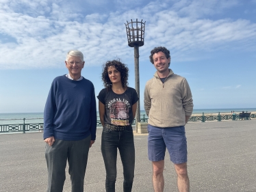 Wish Ward Councillors Garry Peltzer Dunn and Robert Nemeth with Professional Lighting designer Eleni Shiarlis at Hove Beacon.